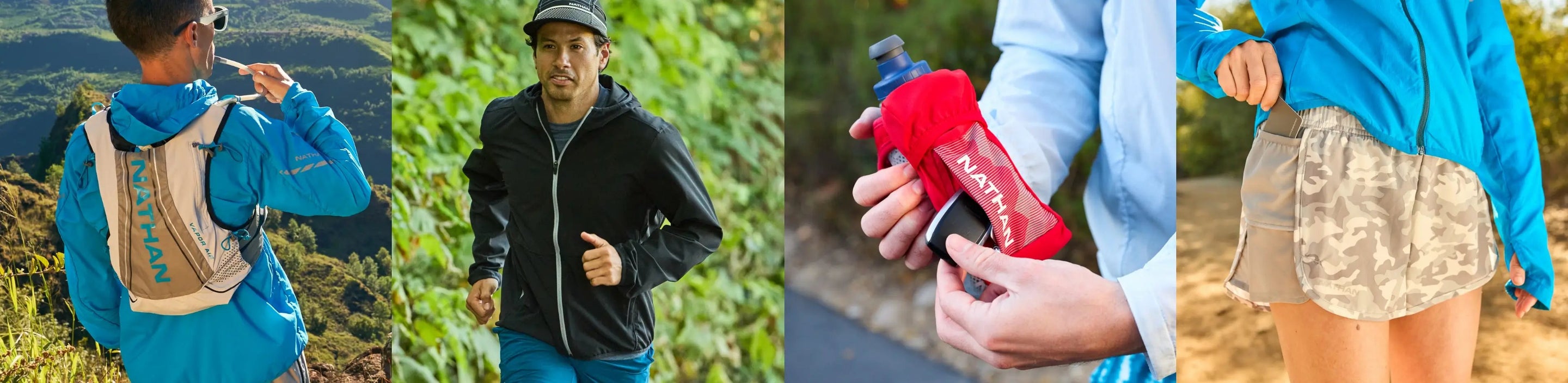 four images of runners each with different Nathan Sports hydration pack, then running apparel, handheld bottle, and shorts
