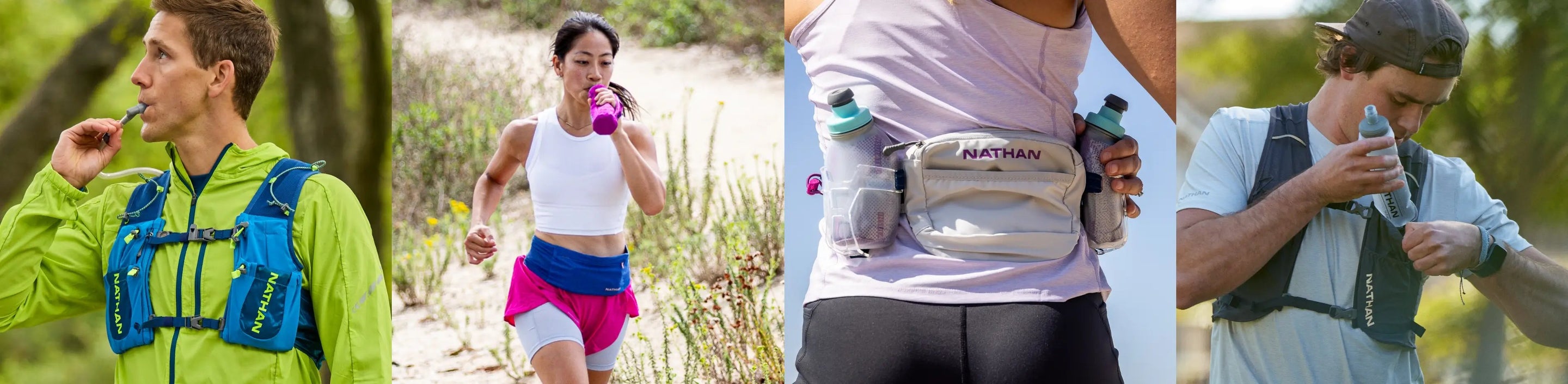 four images of runners using different Nathan Sports products. Hydration Pack & Jacket, tank top and shorts, hydration belt, and hydration vest