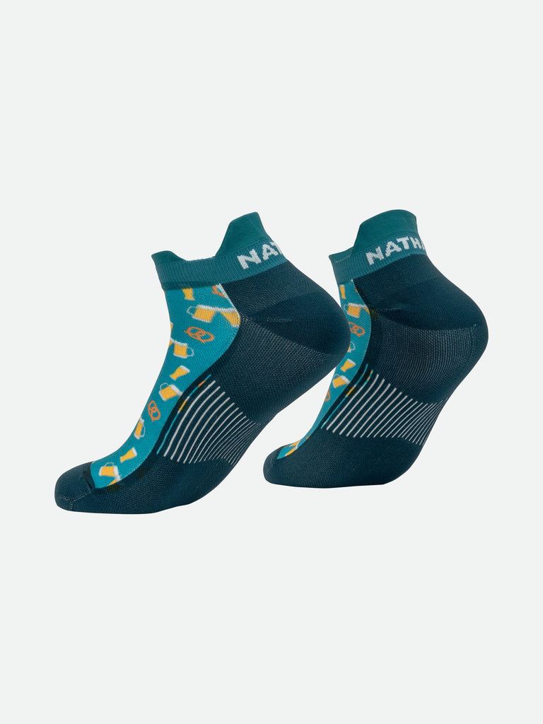 Nathan Speed Tab Low Cut Printed Socks - Bright Teal Beer - Back Angle Shot with Heel