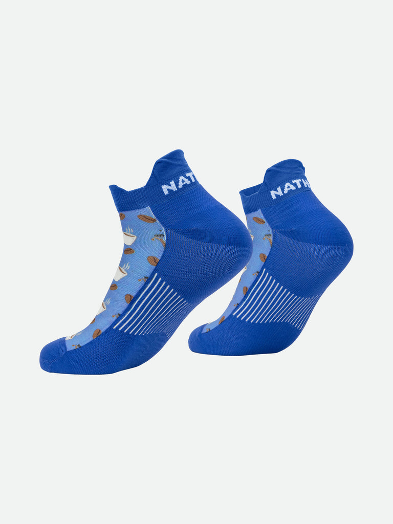 Nathan Speed Tab Low Cut Printed Socks - Vapor Blue Coffee - Back Angle Shot with Heel