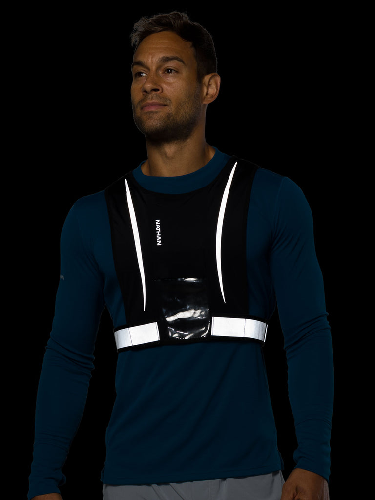Nathan Hypernight Reflective Stash Vest – Black – On Model – Front Reflective View