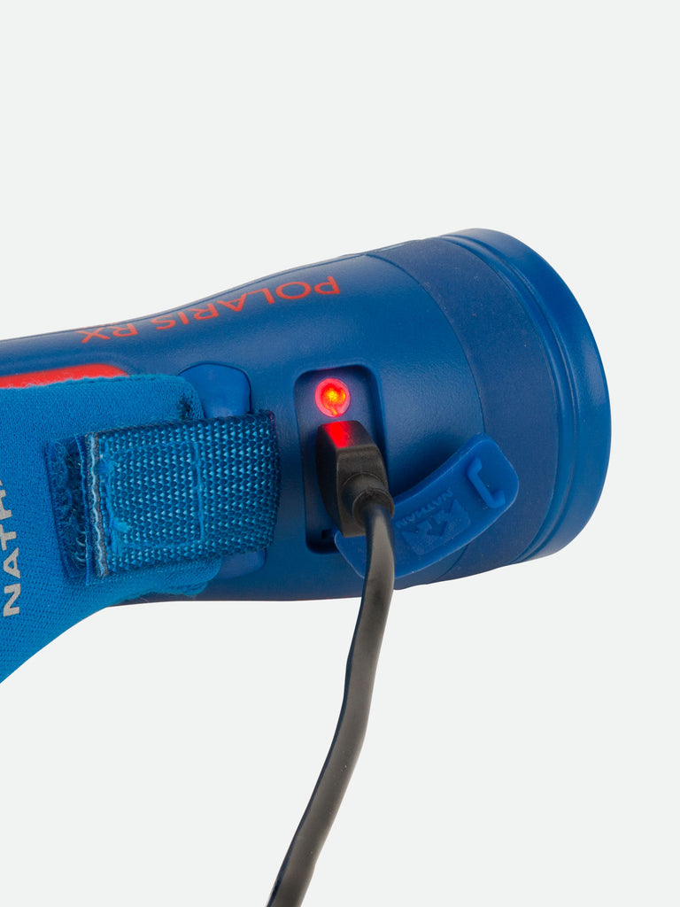 Nathan Polaris 400RX Runner’s Hand Torch – Deep Blue – Detail View – Open Port - USB Actively Charging Hand Torch