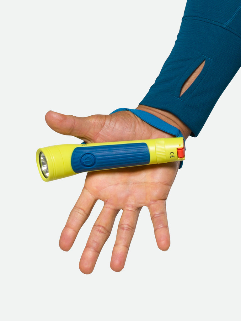 Nathan Polaris 200R Runner’s Hand Torch – Safety Yellow/Blue – On Model –  Strap on Hand - Open Palm