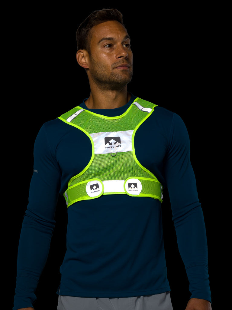 Nathan Streak Reflective Vest for Nighttime Visibility - Safety Yellow - On Model - Front Reflective View 