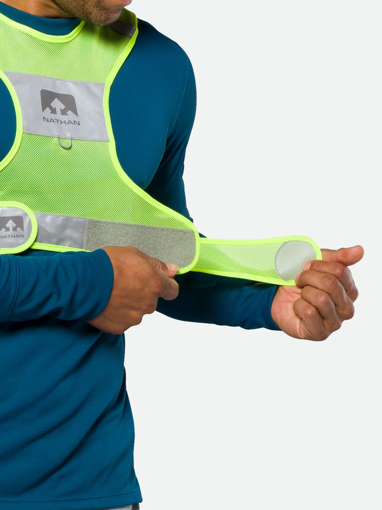 Nathan Streak Reflective Vest for Nighttime Visibility - Safety Yellow - On Model – Hook and Loop Closure Tabs  For Better Fit