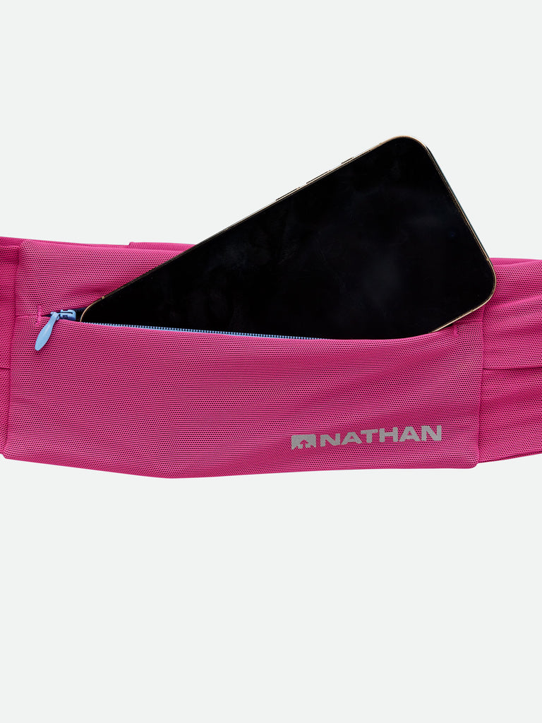 Nathan The Zipster Lite Waist Belt - Magenta Pink - Detail View - Storage Pocket That Can Fit Most Large Size Cellphones
