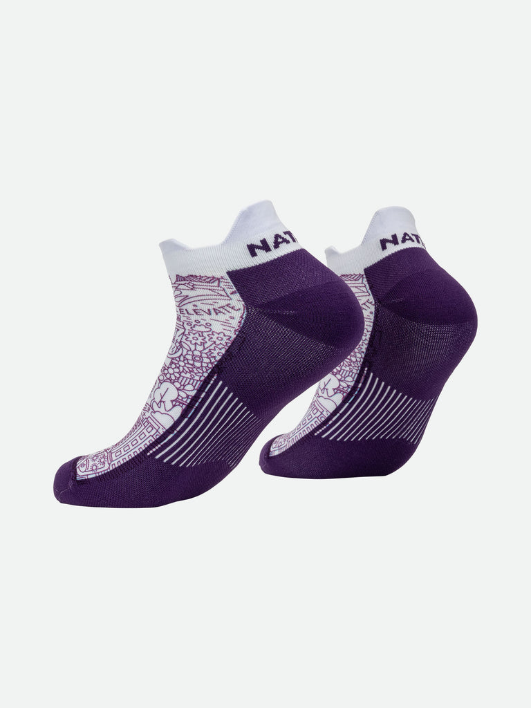 Nathan Speed Tab Low Cut Printed Socks - Plum Purple - Back Angle Shot with Heel