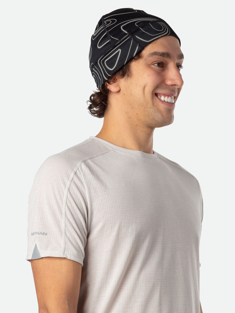 Nathan Reflective Safety Beanie - Black/Topo - On Model 