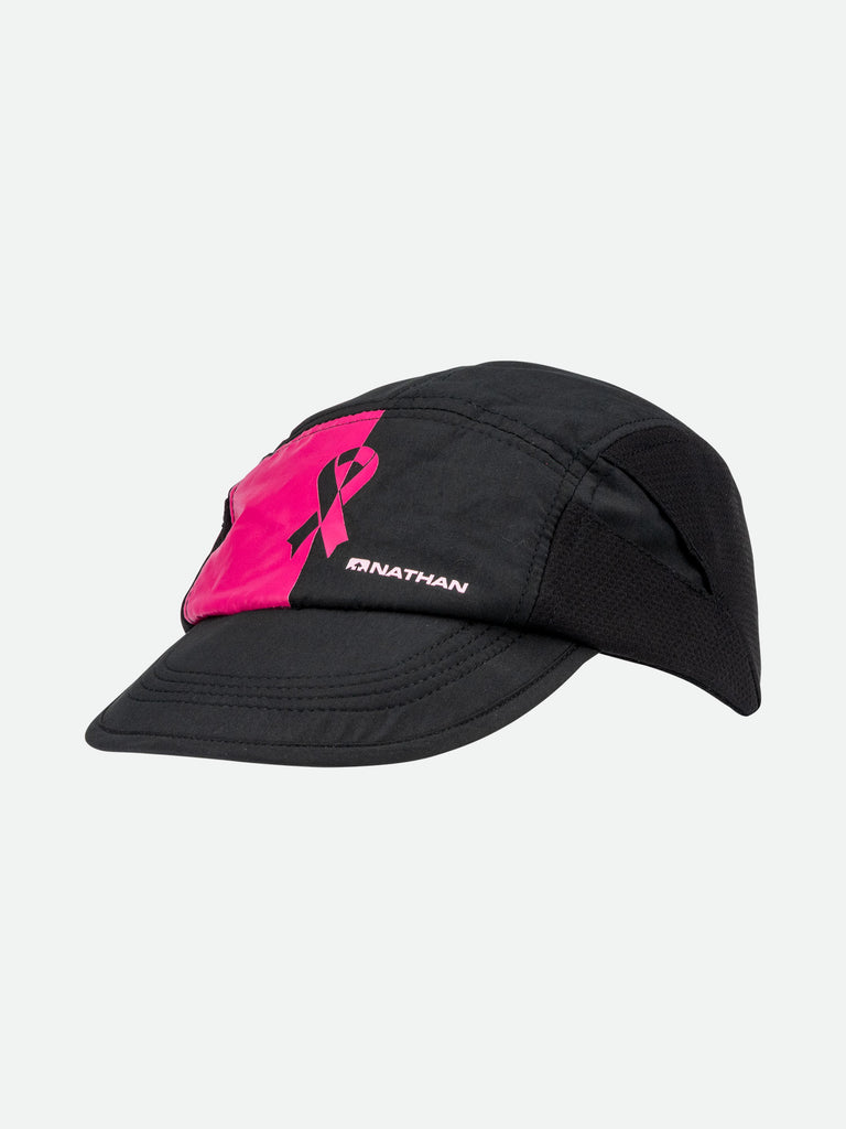 Breast Cancer Awareness BCA Pink and Black Quick Stash Run Hat for Runners and Joggers - Front Left Angle