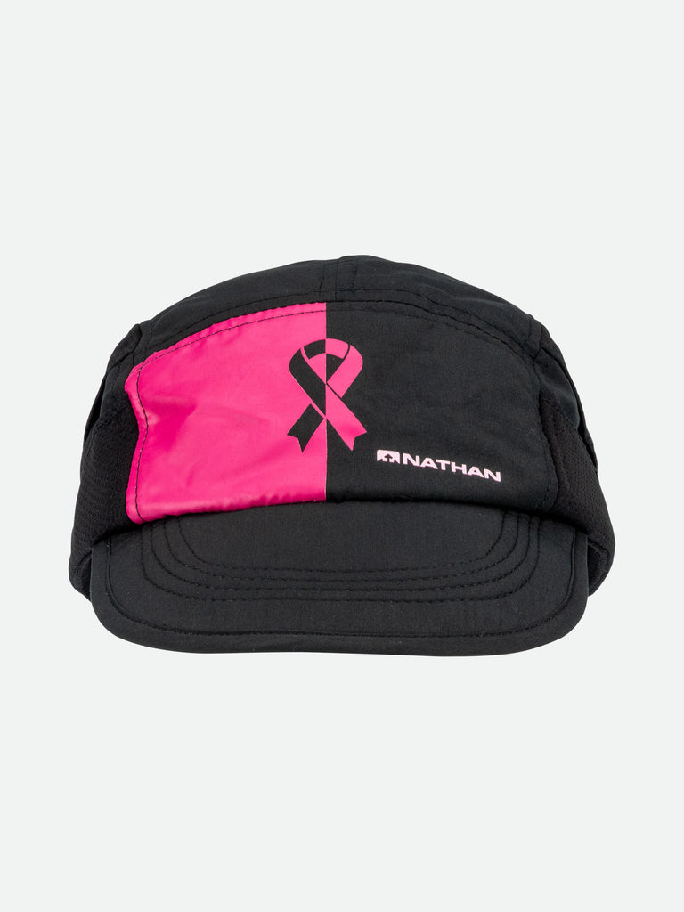Breast Cancer Awareness BCA Pink and Black Quick Stash Run Hat for Runners and Joggers - Front Facing Shot