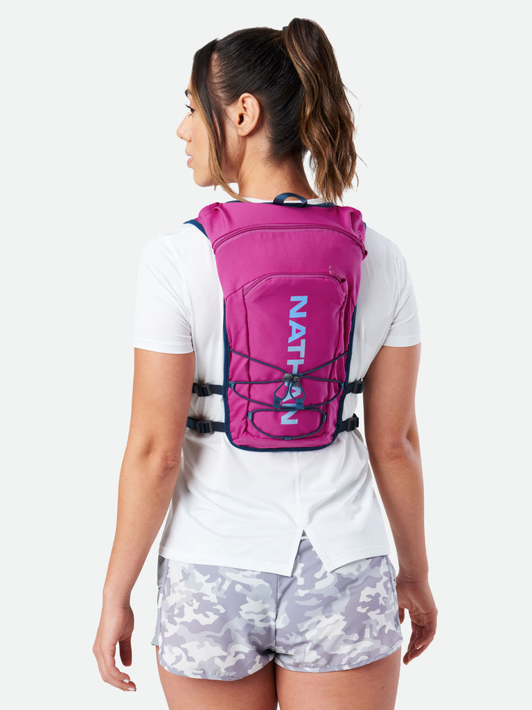 Nathan QuickStart 2.0 4 Liter Hydration Pack - Magenta/Periwinkle - On Model - Back View