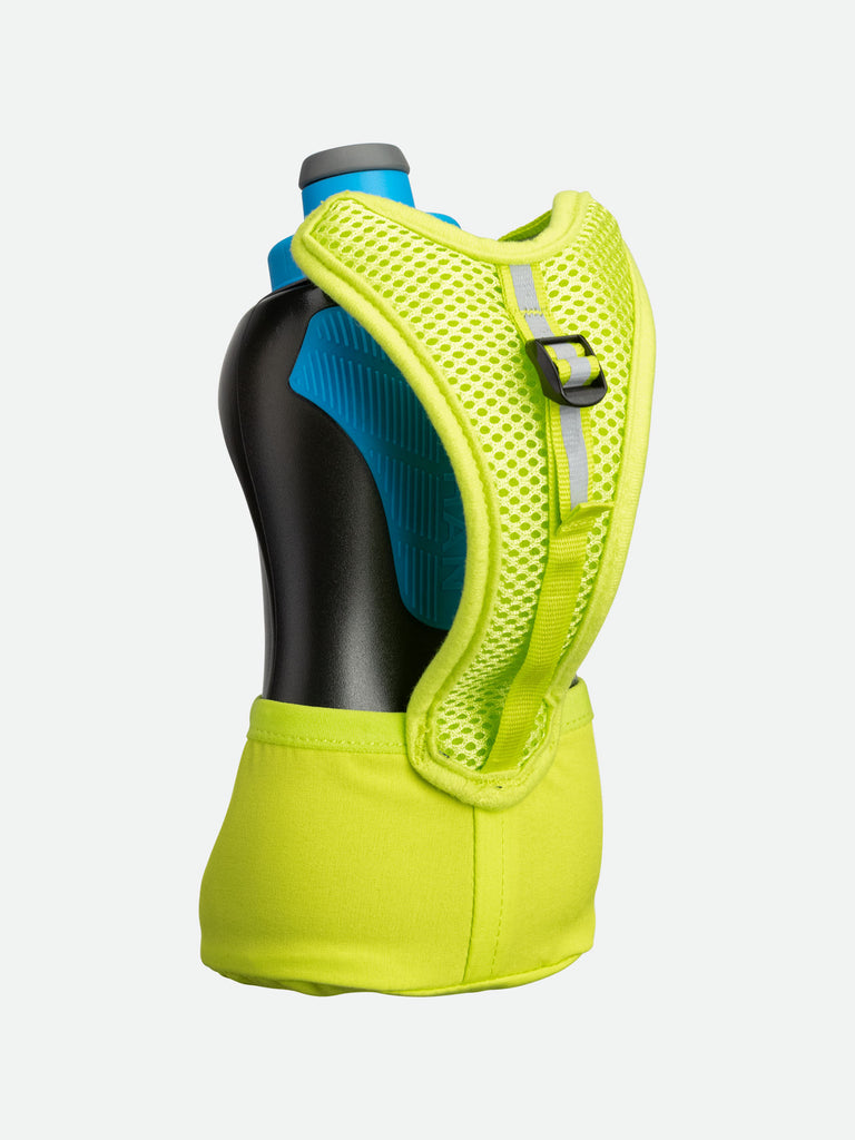 NATHAN QuickSqueeze Lite 18oz Hydration Handheld - Finish Lime Green/Blue Me Away - Back View With Hand Strap