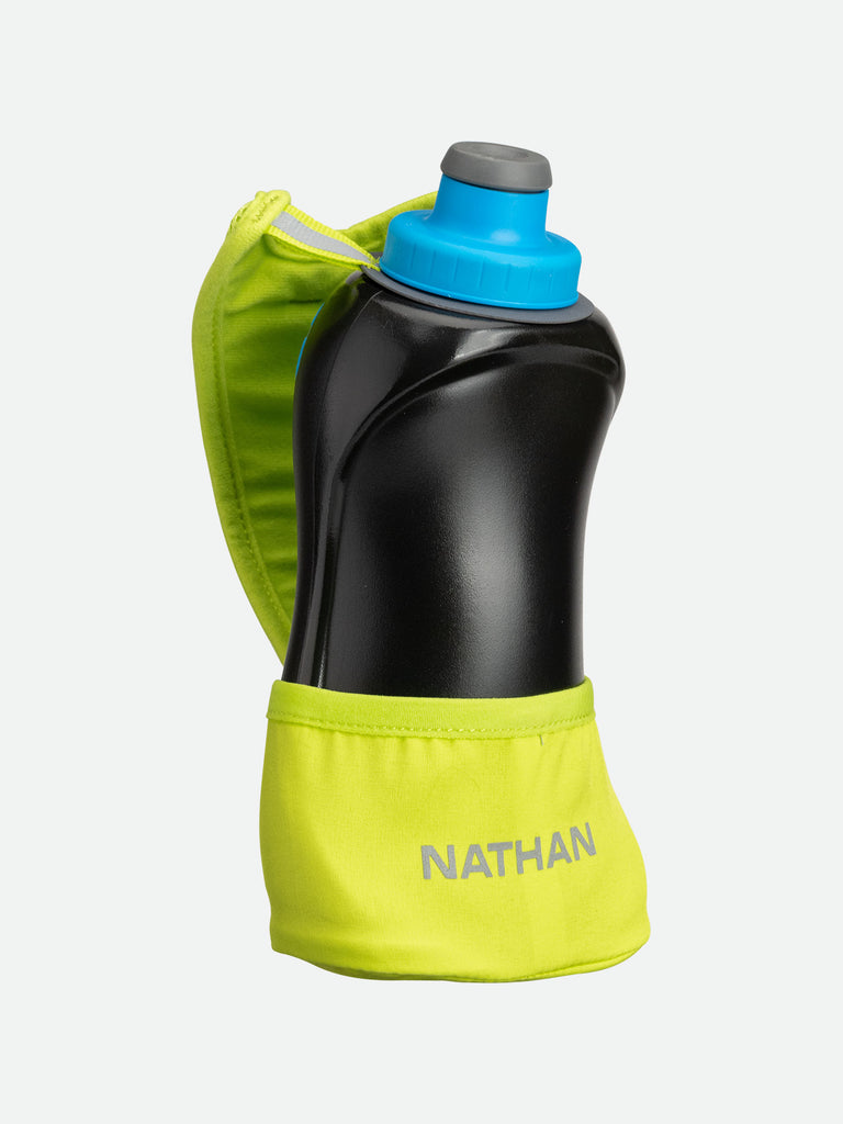 NATHAN QuickSqueeze Lite 18oz Hydration Handheld - Finish Lime Green/Blue Me Away - Front View