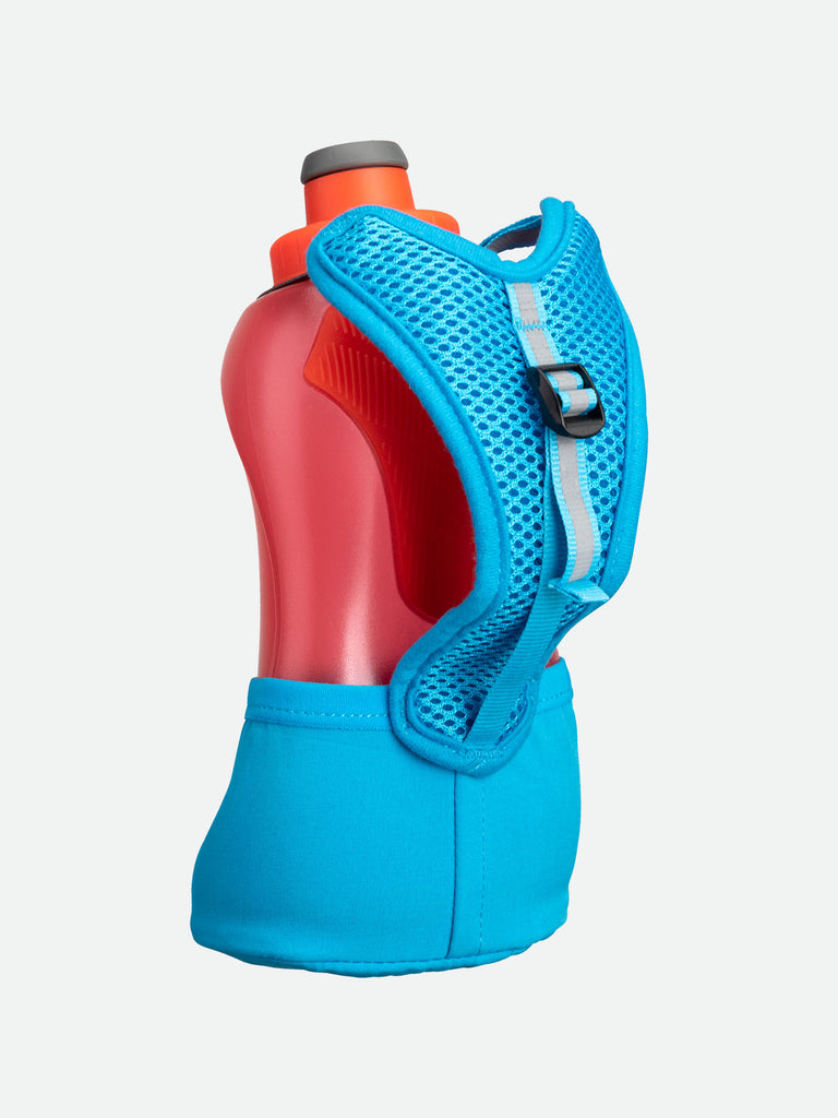 NATHAN QuickSqueeze Lite 18oz Hydration Handheld - Blue Me Away/Hibiscus Red - Back View With Hand Strap