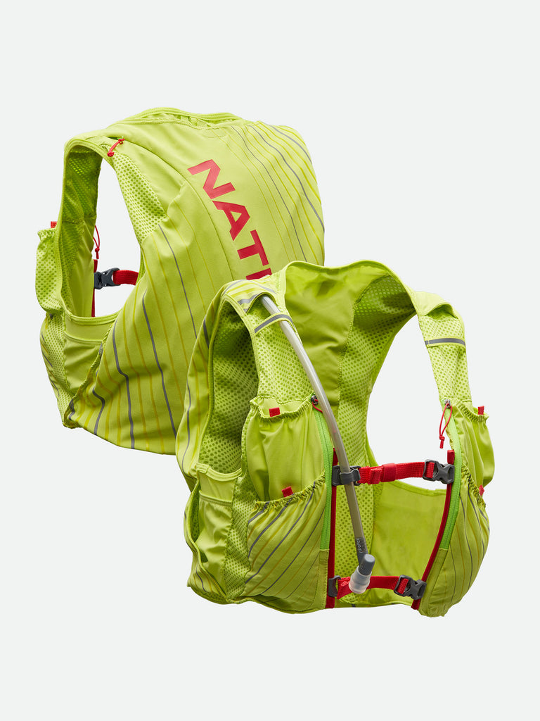 Nathan Pinnacle 12 Liter Women's Hydration Race Vest - Finish Lime/Hibiscus - Front & Back of Pack