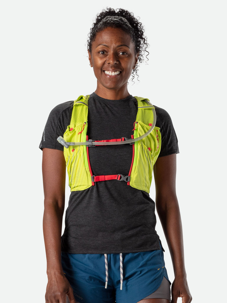 Nathan Pinnacle 12 Liter Women's Hydration Race Vest - Finish Lime/Hibiscus Red - Female Runner Front View