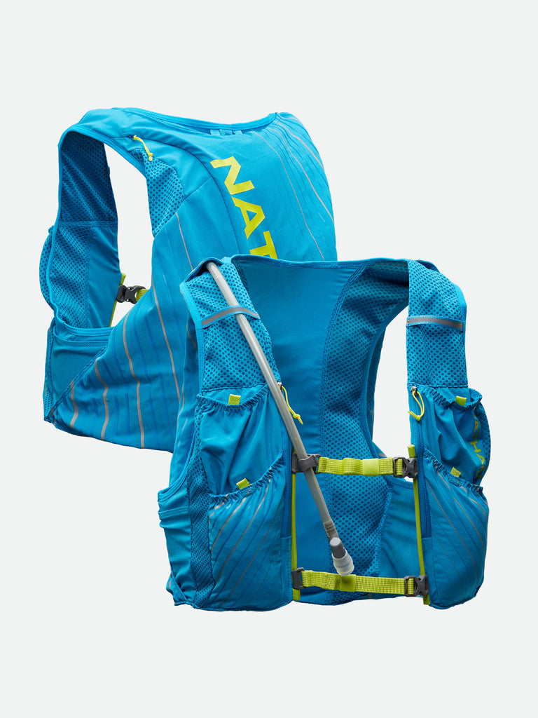 Nathan Pinnacle 12 Liter Unisex Hydration Race Vest - Blue Me Away/Finish Lime Green - Front & Back of Pack