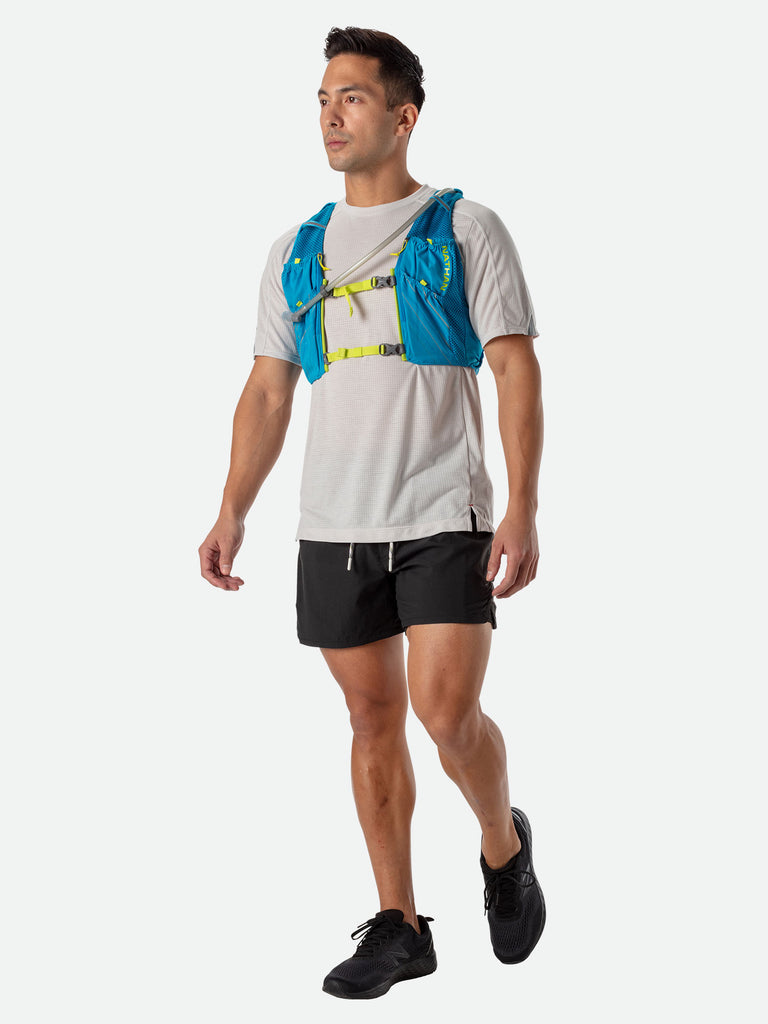 Nathan Pinnacle 12 Liter Unisex Hydration Race Vest - Blue Me Away/Finish Lime Green - Male Runner Side View