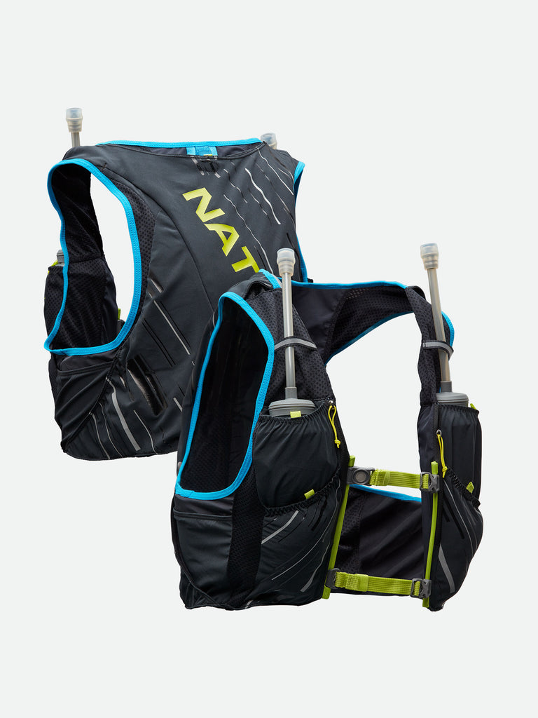 Nathan Pinnacle 4 Liter Men's Hydration Race Vest - Black/Finish Lime Green - Front & Back of Pack