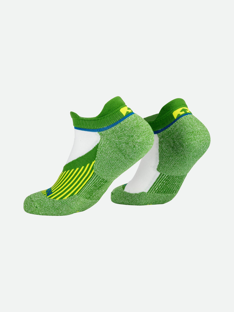 NATHAN Performance Running Low Cut Socks - Olive Green/Yellow Stripes - Back Angle Shot with Heel