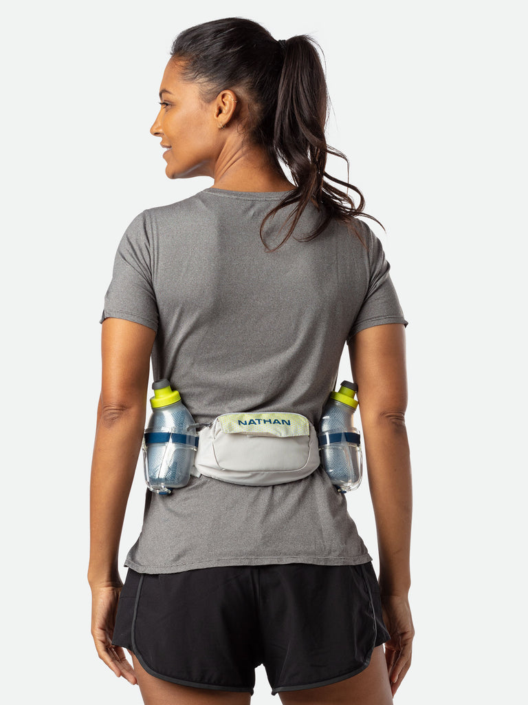 Nathan TrailMix Plus Insulated Hydration Belt - Vapor Grey/Marine Blue - On Model - Back of Belt