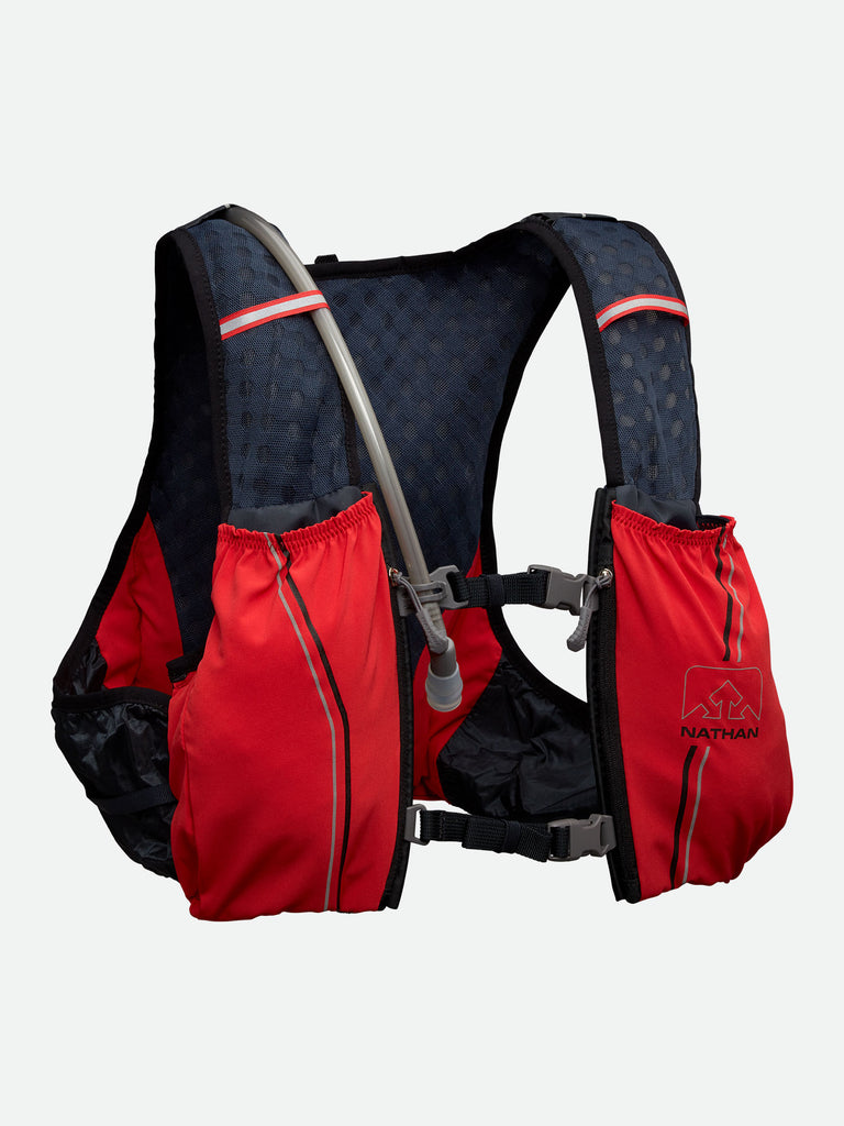 VaporSwift 4 Liter Men's Hydration Race Vest - Blue Nights/High Risk Red - Front of Pack - Expanded Detail Shot of Pockets