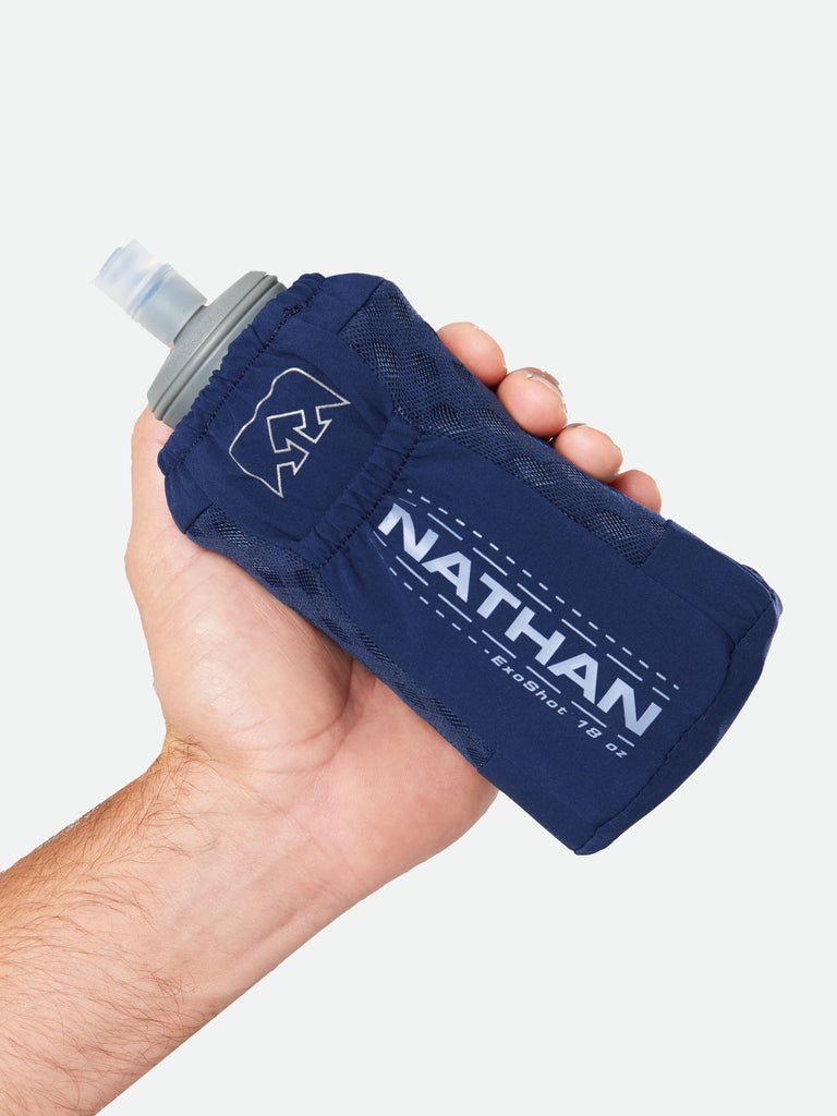 Nathan ExoDraw 2.0 18oz Hydration Handheld - Estate Blue/Periwinkle - Model Holding Handheld - Front View