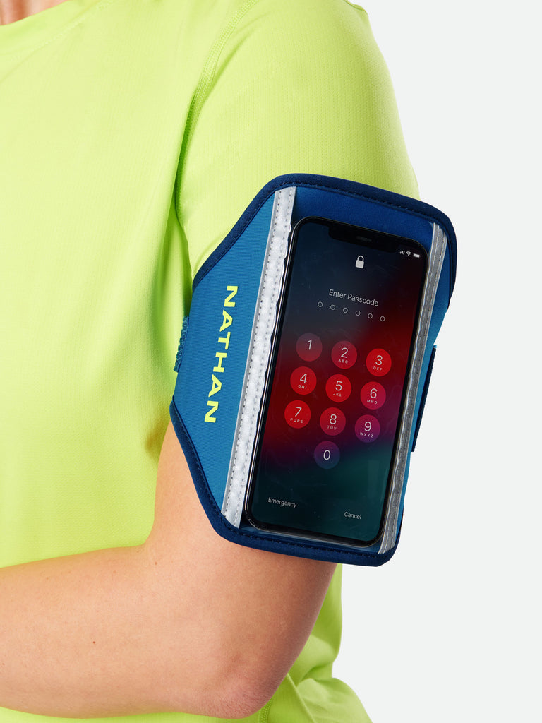 Nathan Super 5K Smartphone Armband - Deep Blue/Safety Yellow - On Model - Armband Detail View with Cellphone