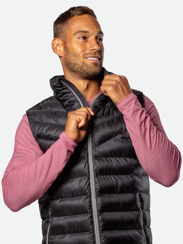 Nathan Men’s Puffer Vest – Black - On Model – Unzipping Vest