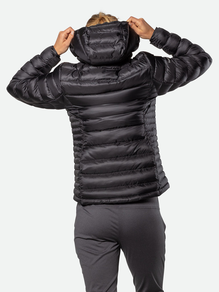 Nathan Women’s Puffer Jacket - Black - On Model – Pulling Hood Over Head