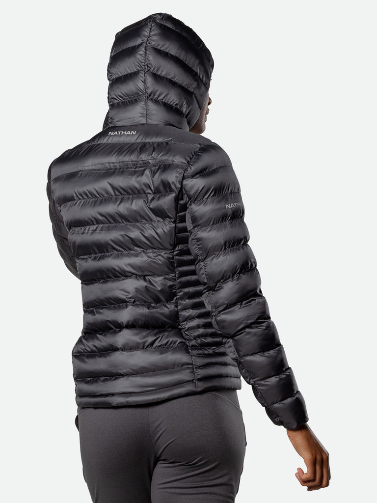 Nathan Women’s Puffer Jacket - Dark Charcoal Gray - On Model – Back Detail Hooded View