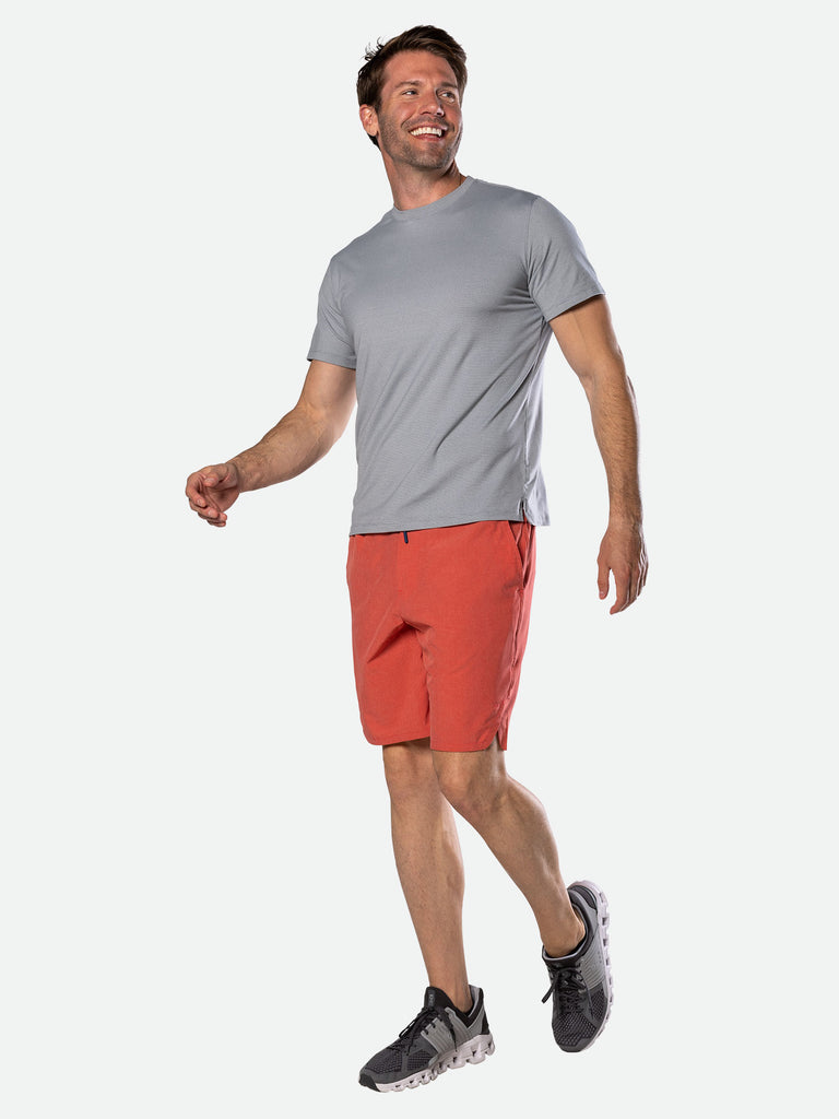 Nathan Men's 2.0 Dash Short Sleeve Shirt – Monument Grey Stripe- Three Quarter View