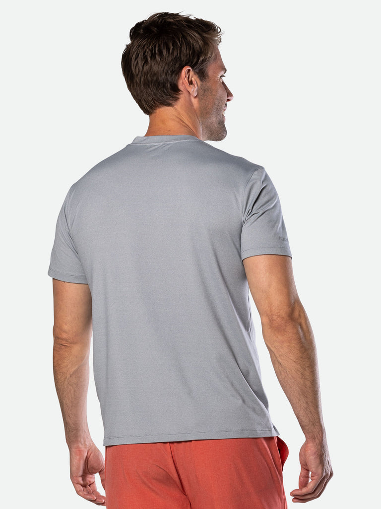 Nathan Men's 2.0 Dash Short Sleeve Shirt – Monument Grey Stripe- Back View