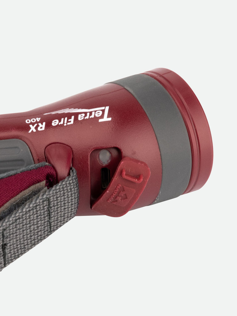 Nathan Terra Fire 400RX Hand Torch – Red Dahlia– Detail View – Open USB Port For Charging
