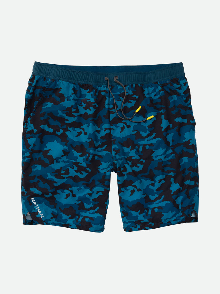 Nathan Men’s Printed Essential 7” Shorts 2.0 – Blue Camo – Lay Flat
