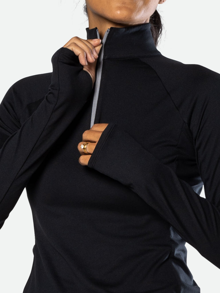 Nathan Women’s Tempo Quarter Zip Long Sleeve Shirt 2.0 – Black – Unzipping Quarter-Zip High Collar