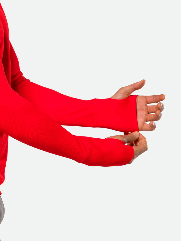 Nathan Men’s Rise Long Sleeve Tee 2.0 – Fiery Red - On Model – Thumbhole Detail View
