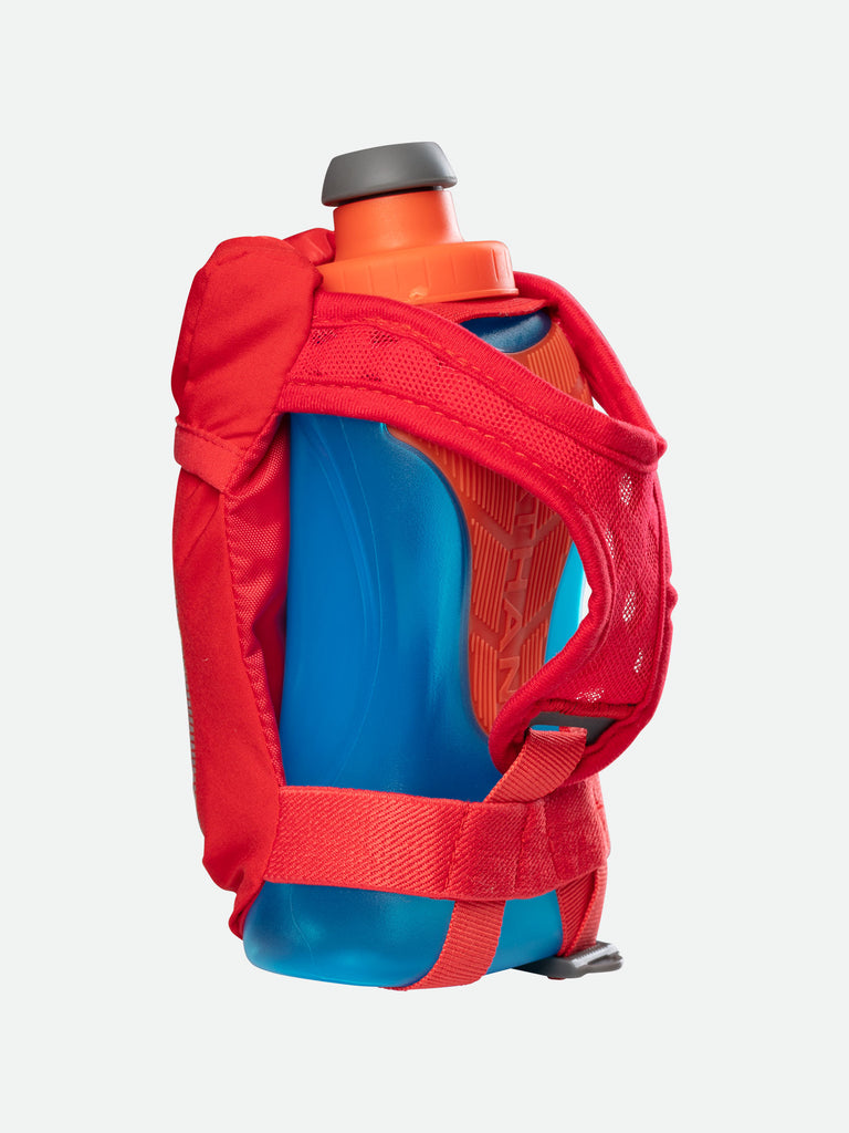 Nathan QuickSqueeze 12oz Hydration Handheld - Hibiscus Red/Blue Me Away - Back of Handheld with Strap