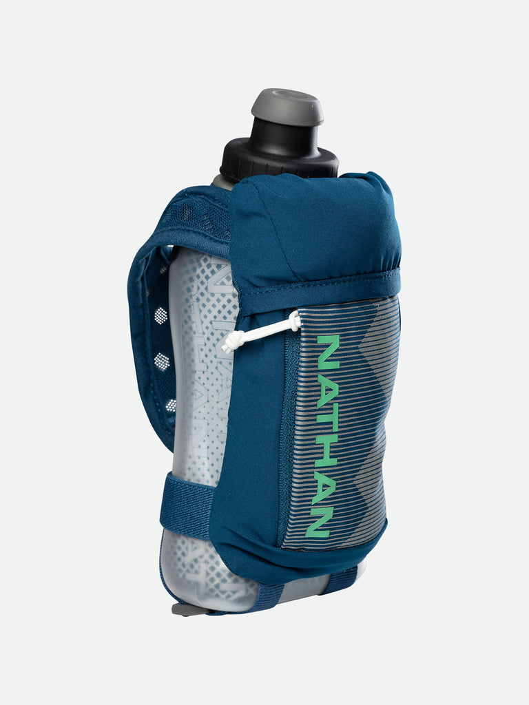 Nathan QuickSqueeze 12oz Insulated Hydration Handheld - Marine Blue/Mint - Front of Handheld