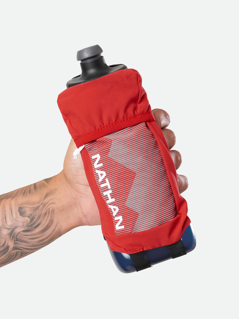 Nathan QuickSqueeze 22oz Hydration Handheld - Ribbon Red/White - Runner Gripping Handheld - Front View